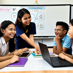 **

A diverse group of Malaysian students enthusiastically participating in a collaborative project. They are using a whiteboard to brainstorm ideas, with smiles and engaged expressions. The setting is a modern classroom with laptops and learning materials visible. Focus on positive emotions and teamwork.

**