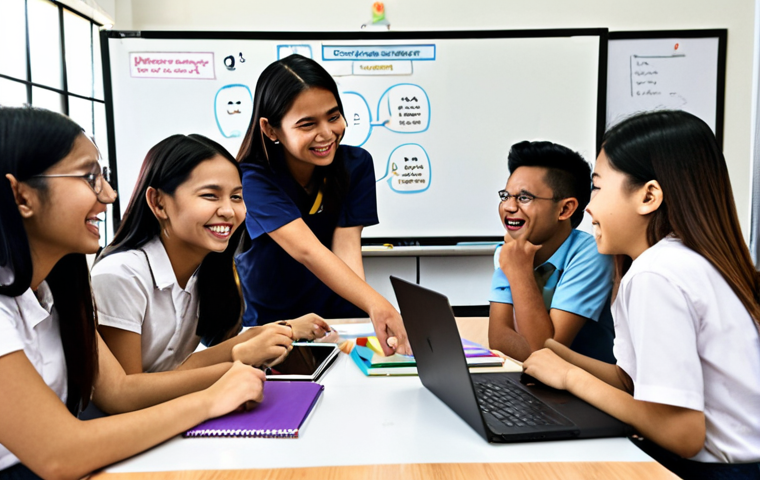 **
A diverse group of Malaysian students enthusiastically participating in a collaborative project. They are using a whiteboard to brainstorm ideas, with smiles and engaged expressions. The setting is a modern classroom with laptops and learning materials visible. Focus on positive emotions and teamwork.
**