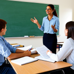 **

A teacher observing a group of students during a group discussion in a classroom. The students are fully clothed in appropriate attire, engaged in conversation, some gesturing and smiling. The teacher is taking notes, showing focused attention. The classroom is bright and organized, with desks and learning materials. Safe for work, appropriate content, fully clothed, professional, perfect anatomy, natural proportions, high quality.

**